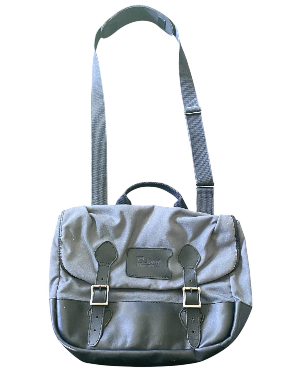 Vintage LL Bean Black Leather Gray Canvas Fishing Field Messenger Buckle Bag Vtg